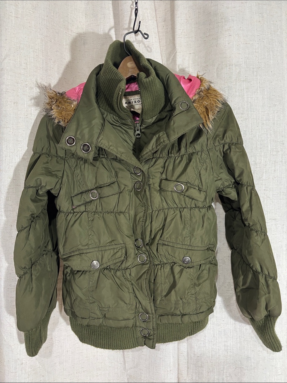 Arizona Jean Company Olive Green Girls' Puffer Jacket with Faux Fur Hood